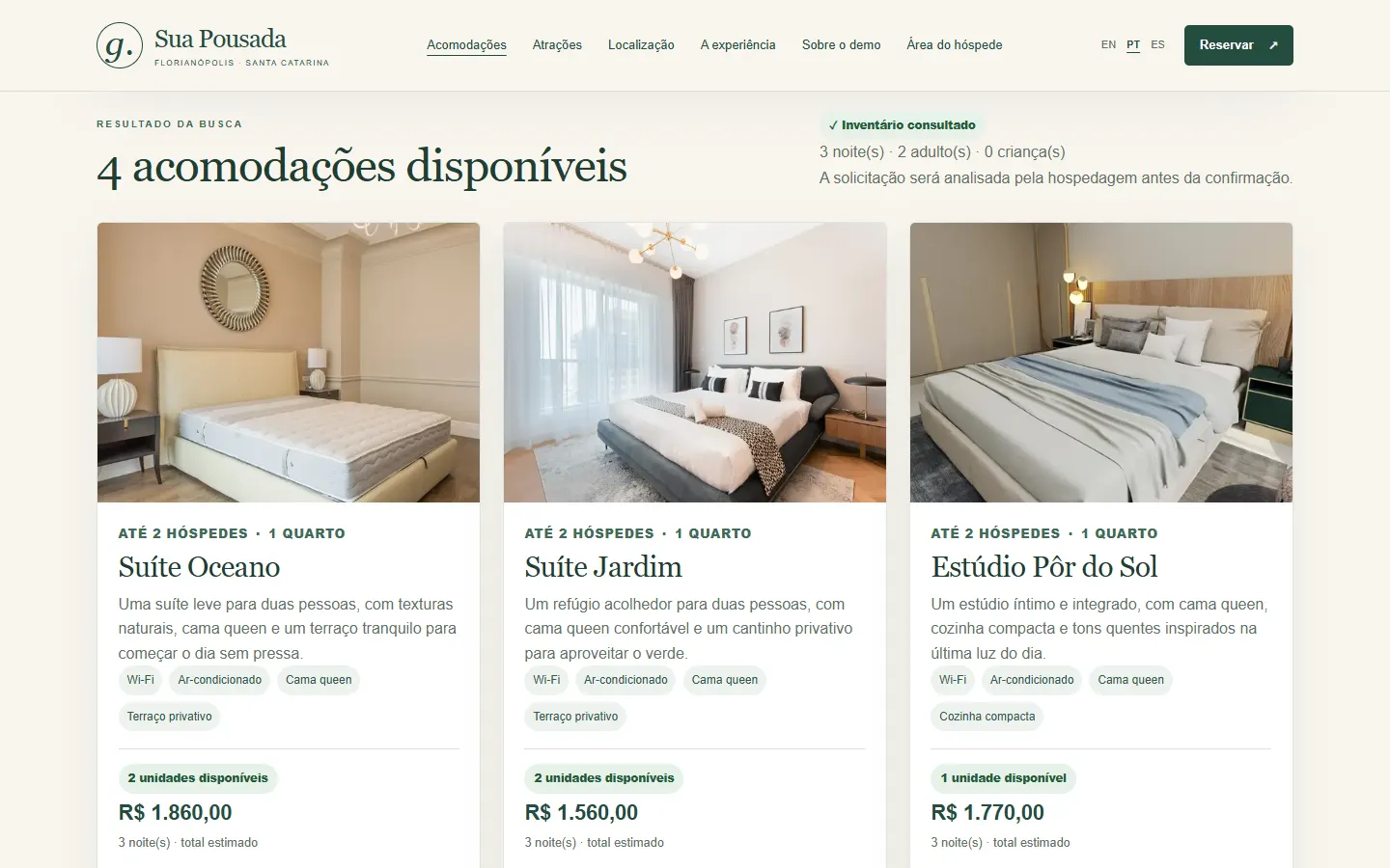 Date search with available rooms and totals